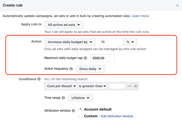 Gebruik geautomatiseerde Facebook-regels, verhoog het budget wanneer ROAS groter is dan 2, stap 2, actie-instellingen