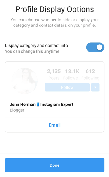 Instagram Creator Profiel Categorie selectie en weergave.