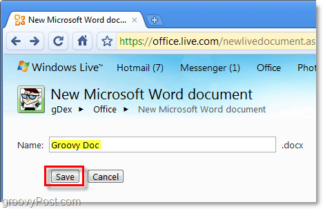 geef uw word-document een naam en sla het op in de Office live web-app