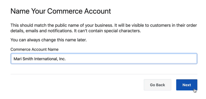 dialoogvensteroptie om uw Facebook-handelsaccount een naam te geven
