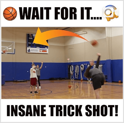 Een miniatuurafbeelding van een Instagram-videopost heeft witte balken en zwarte tekst boven en onder een afbeelding van een blanke man die een trickshot doet met een basketbal in een sportschool. De bovenste tekst heeft een basketbalemoji en de tekst Wait For It. De onderste tekst zegt Insane Trick Shot!