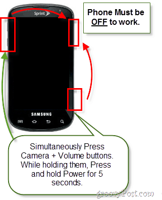 houd de aan / uit-knop, het volume en de cameraknop ingedrukt om de Android-herstelmodus te starten
