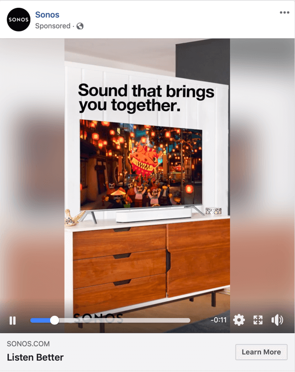 Voorbeeld van een Facebook-videoadvertentie van Sonos.
