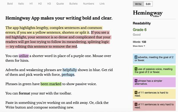 Hoe je langere tekstgebaseerde, op Facebook gesponsorde berichten schrijft en structureert, best practices, Hemingway-app