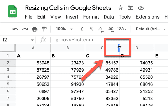 De grootte van de kolom- of rijcursor in Google Spreadsheets