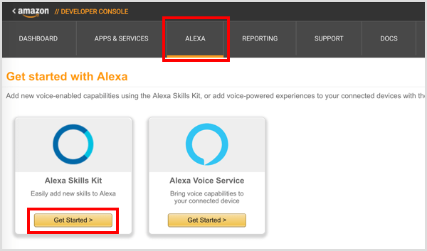 Klik op de knop Aan de slag onder Alexa Skills Kit.