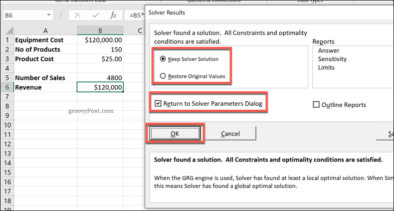 Venster Excel Solver Results