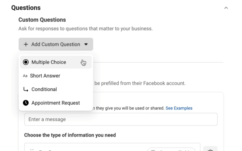 Facebook-leadadvertenties maken een nieuwe leadformulieroptie om een ​​aangepast vragenmenu toe te voegen met opties voor multiple choice, kort antwoord, voorwaardelijk of afspraakverzoek