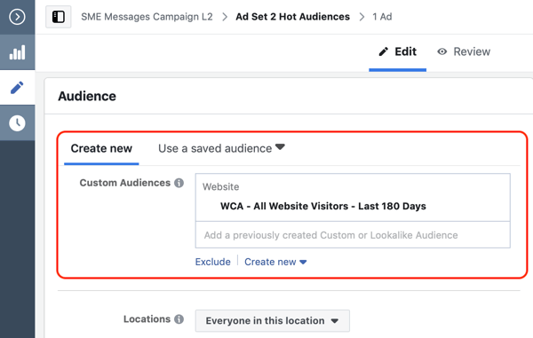 Hoe websitebezoekers te converteren met Facebook Messenger-advertenties, stap 2, maak een aangepast publiek voor de website