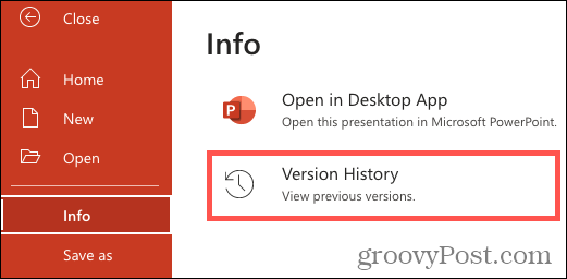 Info, versiegeschiedenis in PowerPoint online