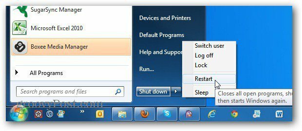Wijzig de aan / uit-knop van het menu Start van Windows 7 in Altijd opnieuw opstarten