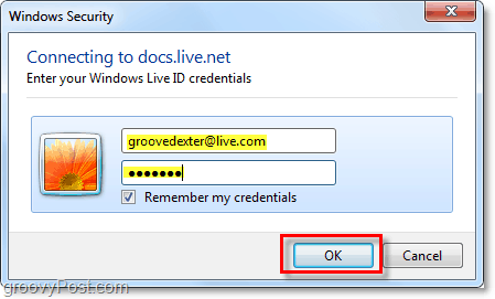 Voer uw gebruikersnaam en wachtwoord voor uw Windows Live-account in Microsoft Office 2010 in