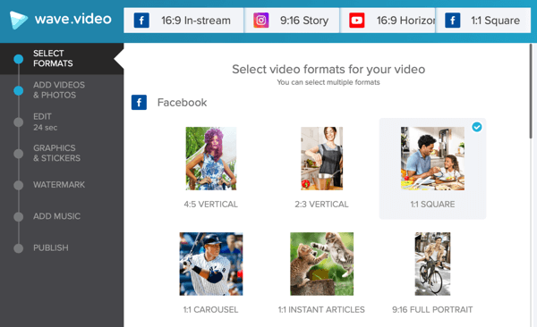 Ontwikkel een sociale videostrategie, maak video met Wave.video, Facebook-sjabloonopties.