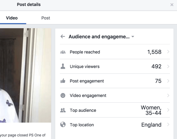 Facebook toont afzonderlijke engagementstatistieken voor de post en video.