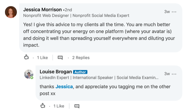 voorbeeld van reactie op opmerking in LinkedIn-bericht