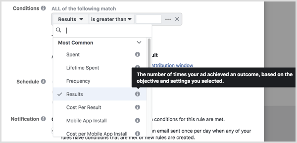 tooltip bij het instellen van voorwaarden voor de geautomatiseerde Facebook-regel