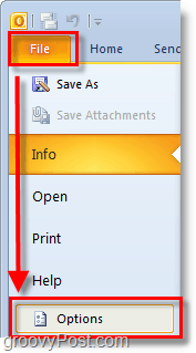 gebruik in Outlook 2010 het bestandslint om opties te openen