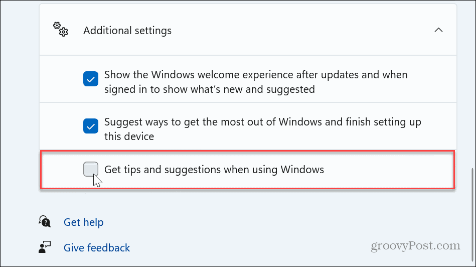 Schakel Windows 11 Tips en Suggesties-meldingen uit