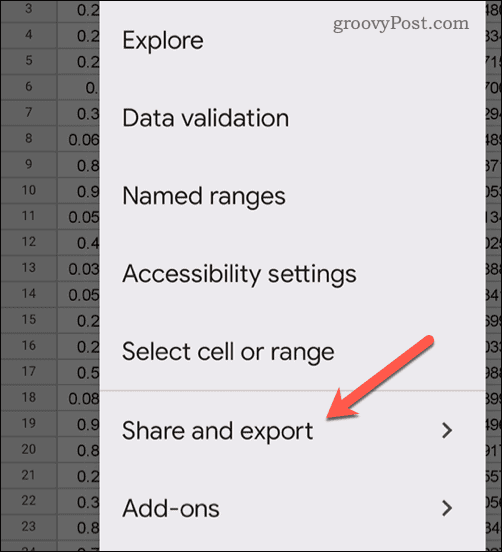 Open het deel- en exportmenu in Google Spreadsheets op mobiel