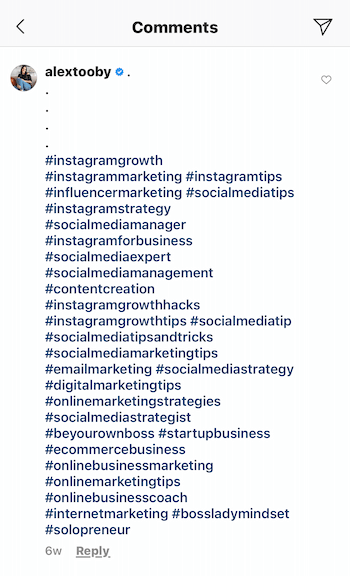 voorbeeld van een Instagram-berichtcommentaar van @alextooby bestaande uit 30 relevante hashtags