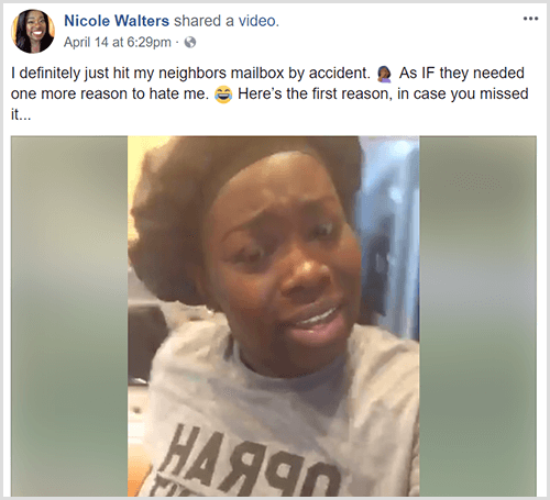 Nicole Walters plaatste een Facebook-video met een tekstintroductie waarin staat dat ze per ongeluk de mailbox van haar buurman heeft geraakt. Nicole draagt ​​een zwarte hoofddoek en een grijs t-shirt.