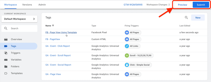 voorbeeld google tag manager dashboard-werkruimte met geselecteerde tags en verschillende voorbeeldtags weergegeven met voorbeeld- en verzendknoppen rechtsboven gemarkeerd