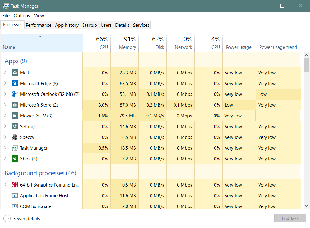 Taakbeheer Windows 10 1809 Stroomverbruik van app