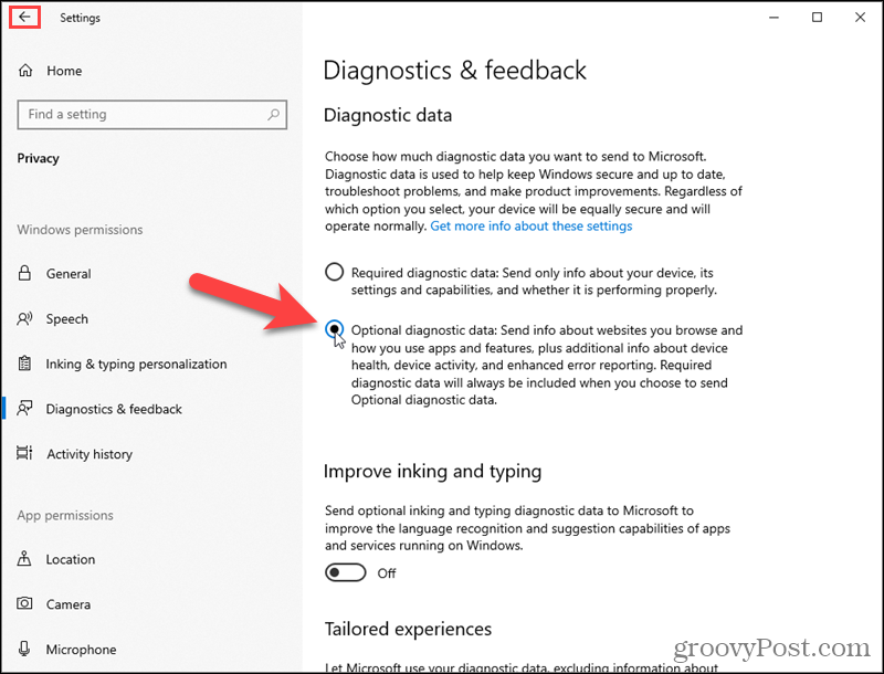 Windows 10 inschakelen Optionele diagnostische gegevens