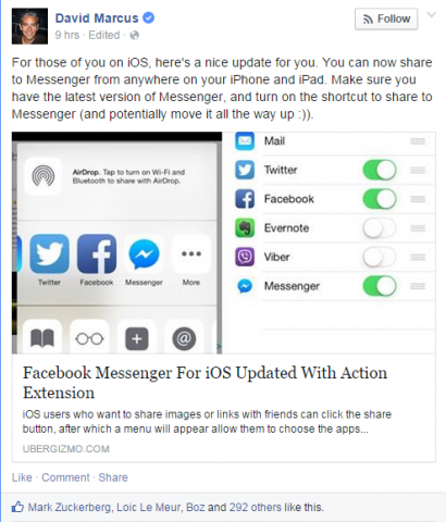 "Gebruikers van Facebook Messenger met iPhones of iPads kunnen nu foto