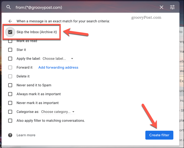 Een Gmail-filterregel overslaan