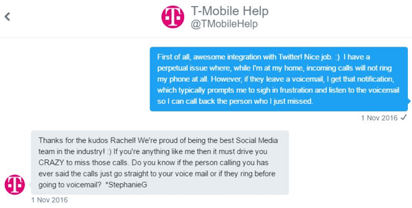 Een medewerker van de klantenservice van T-Mobile kon één-op-één met me communiceren en mijn probleem bespreken.