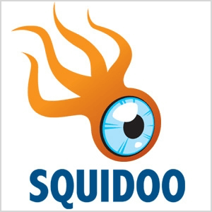 Dit is een screenshot van het Squidoo-logo, een oranje wezen met vier tentakels en een grote blauwe oogbal.