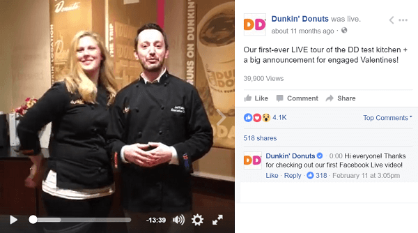 Dunkin Donuts gebruikt Facebook Live-video om fans achter de schermen mee te nemen.