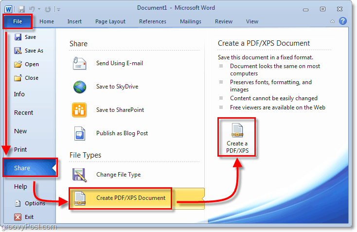 een document opslaan met behulp van een pdf-optie voor delen in Office 2010