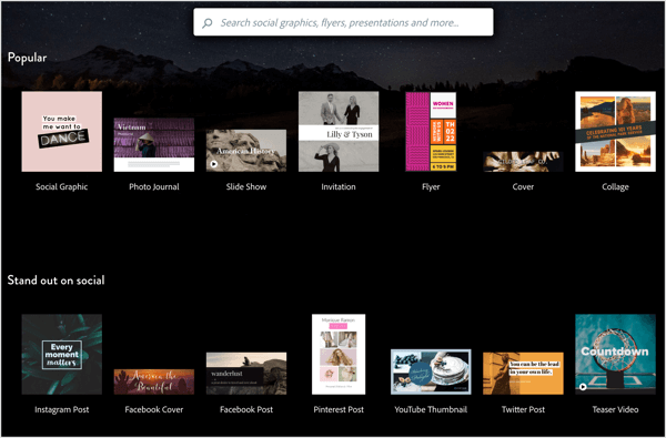 Adobe Spark biedt een verscheidenheid aan sjablonen die u kunt aanpassen voor uw afbeeldingen op sociale media.