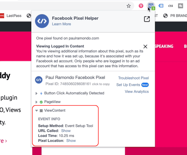 Facebook Pixel Helper toont evenementen voor paginaweergave en inhoud bekijken
