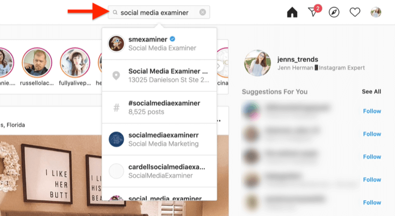 desktop-screenshot met een zoekopdracht naar een Instagram-account met behulp van zoektermen van de examinator van sociale media