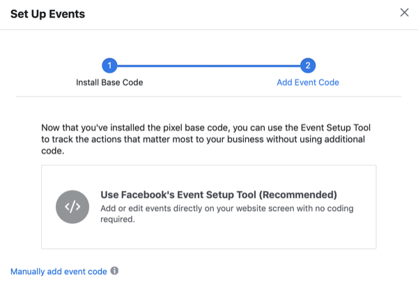 Dialoogvenster Gebeurtenissen instellen met optie voor Gebruik Facebook's Event Setup Tool