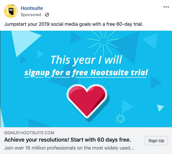 Facebook-advertentietechnieken die resultaten opleveren, bijvoorbeeld door Hootsuite die een gratis proefperiode aanbiedt