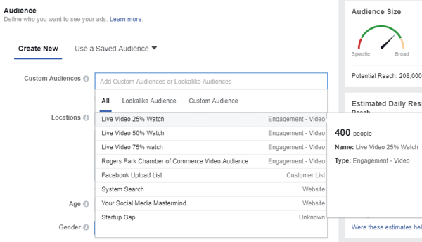 Wanneer u een doelgroep selecteert voor uw Facebook-advertentie, zorg er dan voor dat u de aangepaste doelgroep selecteert van mensen die uw live video's hebben bekeken.