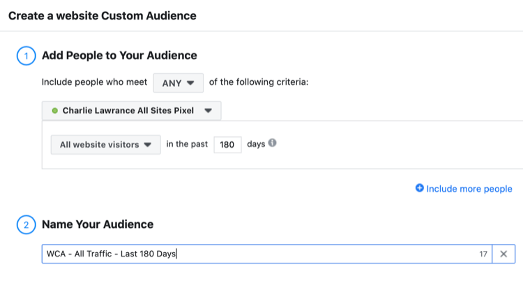 een aangepaste Facebook-website instellen van alle websitebezoekers in de afgelopen 180 dagen