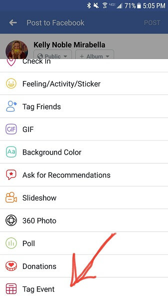 Facebook voegt de optie toe om een ​​evenement te taggen in statusupdates op mobiel.