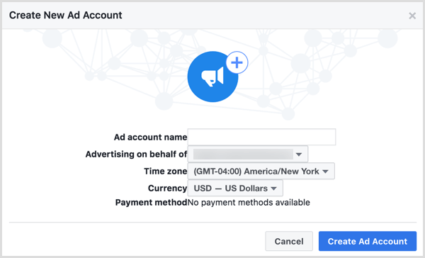 Gebruik uw bedrijfsnaam wanneer u wordt gevraagd om uw nieuwe Facebook-advertentieaccount een naam te geven.