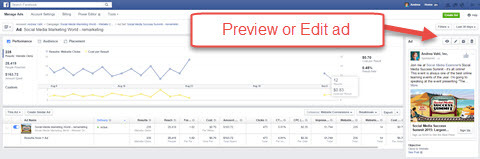 facebook ads manager preview of bewerk advertentiefunctie