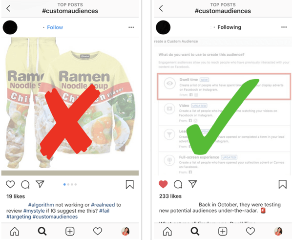 Hoe je je Instagram strategisch kunt laten groeien, stap 12, vind relevante voorbeeldposts, voorbeelden van goede en slechte posts