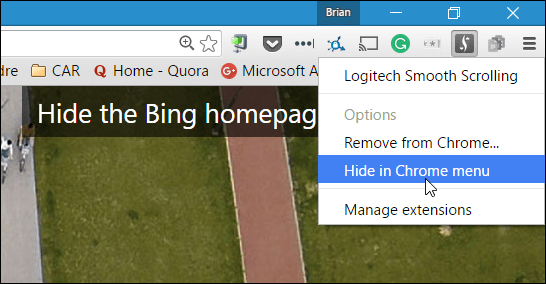 Verbergen in het Chrome-menu