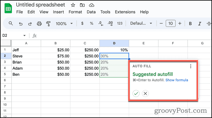 Google Spreadsheets voorgesteld automatisch aanvullen