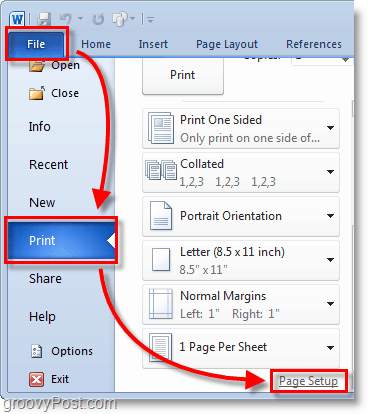 Micosoft Word 2010 Screenshot selecteer het bestand> printmenu van de achtergrond en klik vervolgens op pagina-instelling in woord 2010
