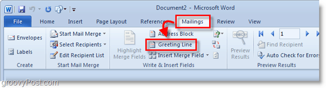 Schermafbeelding van Outlook 2010 - klik op de begroetingsregel onder mailings