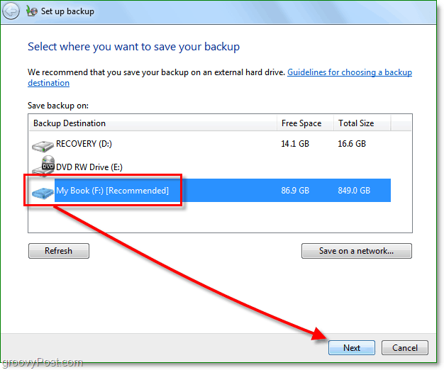 Windows 7 Back-up - selecteer een back-uplocatie